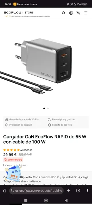 EcoFlow RAPID 65W Cargador GAN 3 Puertos
