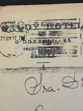 Carta antigua Savoy Hotel Sevilla. Censura militar