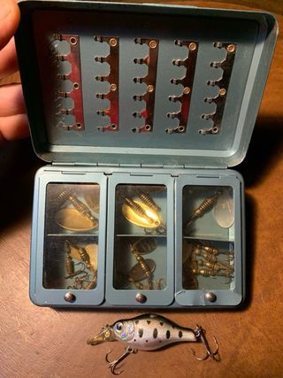 Lote Cucharillas, Señuelo Pesca y fly box vintage