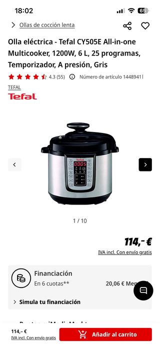 Olla a presión eléctrica Tefal.
