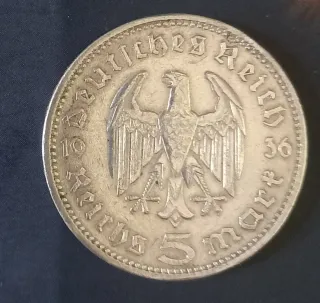 Moneda 5 Marcos Plata Alemania 1936 Hindenburg