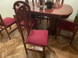 Mesa comedor y 6 sillas madera/tela