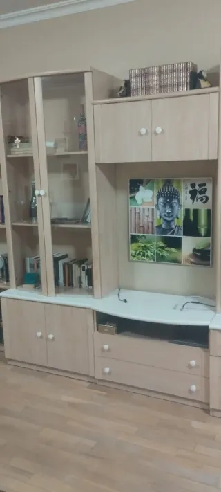 Mueble modular salón madera y cristal