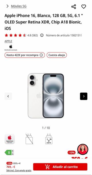 iPhone 16 Blanco 128GB Precintado