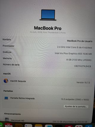 MacBook Pro 2018 13 8GB RAM 256GB SSD