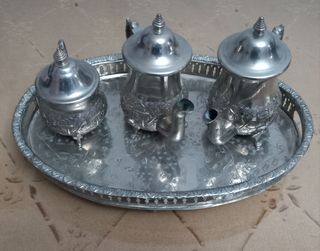 Juego té bandeja, 2 teteras, azucarero