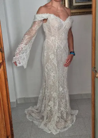 Vestido de Novia Encaje Beige/Blanco