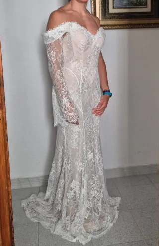 Vestido de Novia Encaje Beige/Blanco