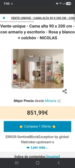 Cama alta juvenil blanca y rosa