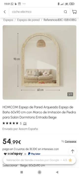 Espejo HOMCOM Arqueado 60x90cm Piedra