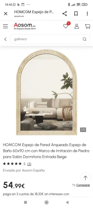 Espejo HOMCOM Arqueado 60x90cm Piedra