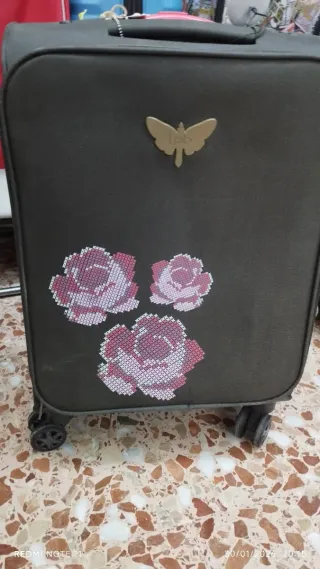 Maleta de cabina gris con diseño de rosas