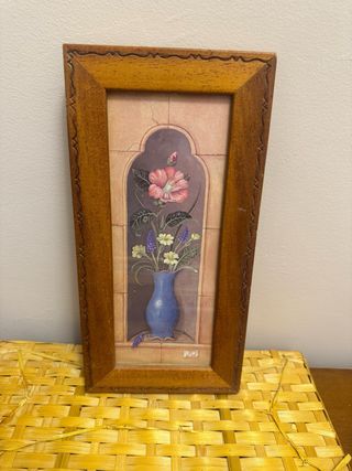 Cuadro Naíf Flores en Jarrón marco Madera Tallada