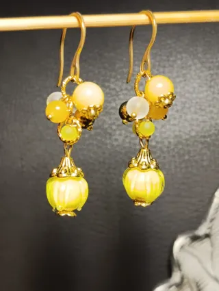 Orecchini Gialli Fiori Murano Giada Acciaio