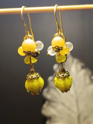 Orecchini Gialli Fiori Murano Giada Acciaio