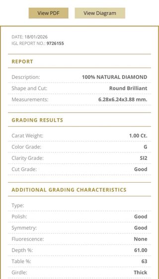 Anillo Oro 18k Diamante Natural 1.00 Ct SI2/G