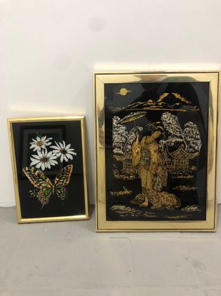 Pareja Cuadros Oriental Mariposa Dorado