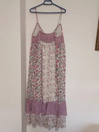 Vestido largo patchwork flores rosa