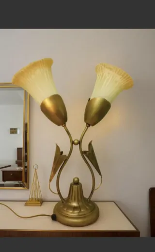Lámpara mesa vintage dorada doble tulipa