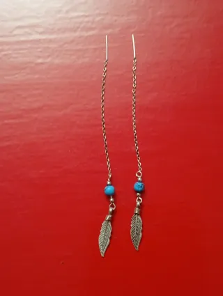 Pendientes plata cadena pluma y turquesa hippies