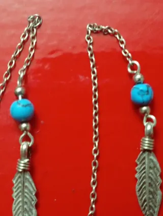 Pendientes plata cadena pluma y turquesa hippies