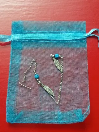Pendientes plata cadena pluma y turquesa hippies
