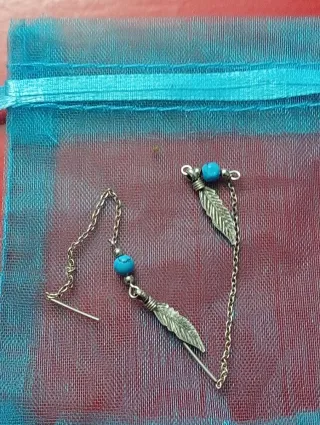 Pendientes plata cadena pluma y turquesa hippies