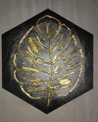 Set 3 Cuadros Hexagonales Hoja Montera pan de oro