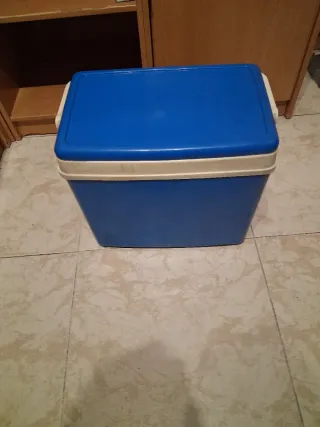 Nevera portátil azul y blanca