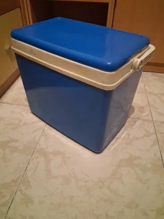 Nevera portátil azul y blanca
