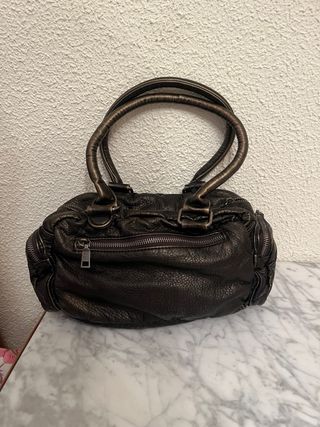 Bolso de Hombro Bowling Piel Marrón con Bolsillos