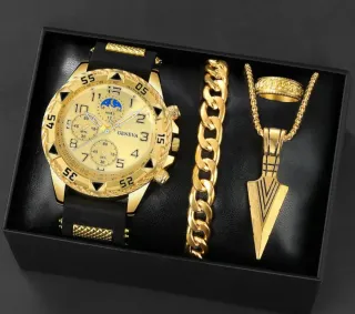 Set de Reloj, Pulsera y Collar Dorado