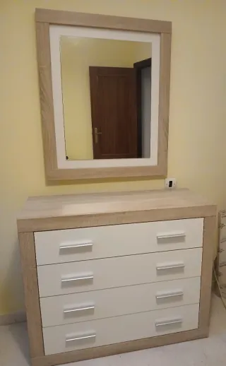 Cómoda + Espejo + Mesita de noche Madera Blanca