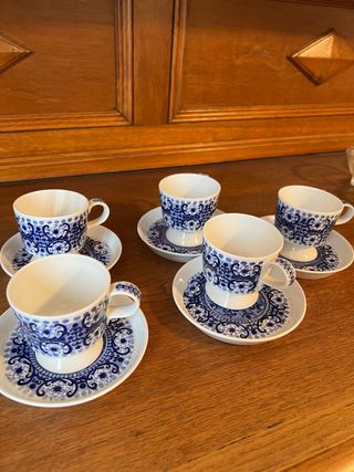 Juego 5 Tazas Té Porcelana Azul Blanco