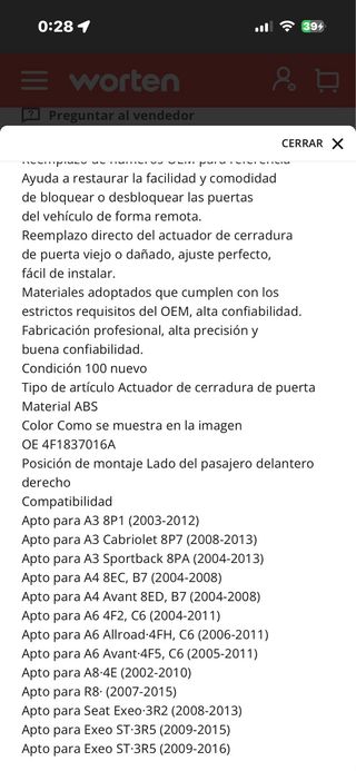 Cerradura Puerta Coche