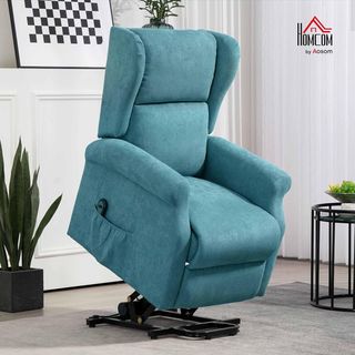 Sillón Eléctrico Elevador Reclinable 135°, Sillón Relax Eléctrico en Tejido Efecto Lino Con Mando a Distancia, Reposapiés Y 2 Bolsillos Laterales para Salón, Azul