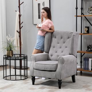 Sillón de Dormitorio Estilo Francés con Amplio Asiento, Silloncito de Dormitorio Acolchado con Brazos e Imbottitura, con Patas de Madera para Sala de Estar y Oficina, Gris