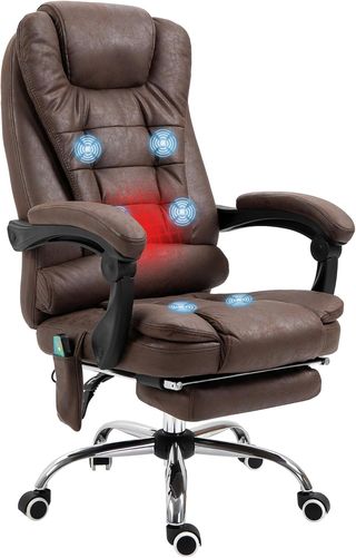 Silla de Oficina Masajeadora y Reclinable con 6 Puntos Vibrantes y Calefacción, Silla de Escritorio Ajustable en Altura, Marrón