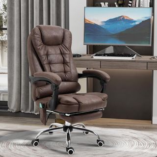 Silla de Oficina Masajeadora y Reclinable con 6 Puntos Vibrantes y Calefacción, Silla de Escritorio Ajustable en Altura, Marrón