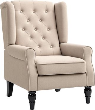 Sillón de Dormitorio Estilo Francés con Amplio Asiento, Silloncito de Dormitorio Acolchado con Brazos e Imbottitura, con Patas de Madera para Sala de Estar y Oficina, Beige