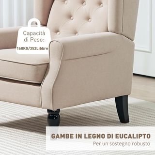 Sillón de Dormitorio Estilo Francés con Amplio Asiento, Silloncito de Dormitorio Acolchado con Brazos e Imbottitura, con Patas de Madera para Sala de Estar y Oficina, Beige