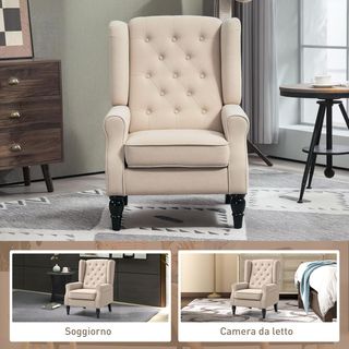 Sillón de Dormitorio Estilo Francés con Amplio Asiento, Silloncito de Dormitorio Acolchado con Brazos e Imbottitura, con Patas de Madera para Sala de Estar y Oficina, Beige