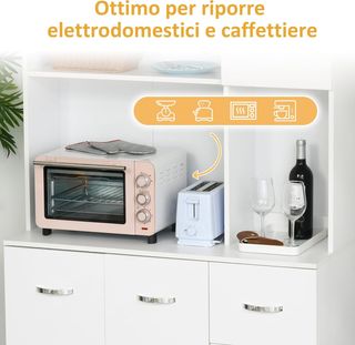 Credenza Alta Moderna Con Cajones Y Armarios, Mueble De Cocina Para Microondas Con Estantes Abiertos, 100X39.5X183.5Cm, Blanco