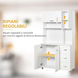 Credenza Alta Moderna Con Cajones Y Armarios, Mueble De Cocina Para Microondas Con Estantes Abiertos, 100X39.5X183.5Cm, Blanco