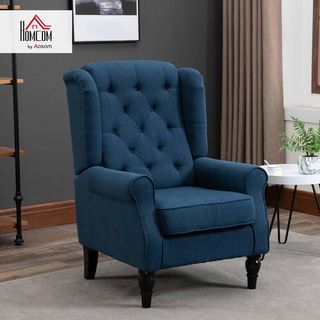 Sillón de Dormitorio Estilo Francés con Amplio Asiento, Silloncito de Dormitorio Acolchado con Brazos y Relleno, con Patas de Madera para Sala de Estar y Oficina, Azul