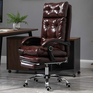 Silla De Oficina Ergonómica Presidencial De Piel Sintética, Silla De Oficina Giratoria Con Altura Regulable, Reclinable 135° Y Reposapiés Extraíble Para Estudio Y Escritorio, Marrón
