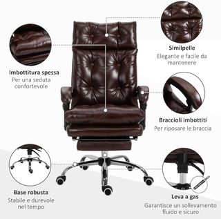 Silla De Oficina Ergonómica Presidencial De Piel Sintética, Silla De Oficina Giratoria Con Altura Regulable, Reclinable 135° Y Reposapiés Extraíble Para Estudio Y Escritorio, Marrón