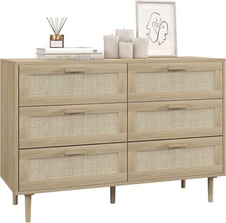 Cómoda de 6 Cajones en Estilo Bohemio para Sala de Estar, Cómoda de Dormitorio Boho en Madera y Ratan, 110X40X75 Cm, Color Madera