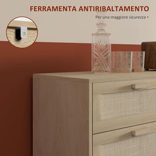 Cómoda de 6 Cajones en Estilo Bohemio para Sala de Estar, Cómoda de Dormitorio Boho en Madera y Ratan, 110X40X75 Cm, Color Madera