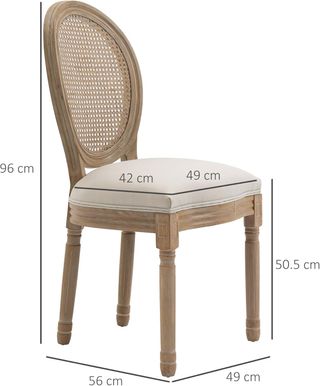 Set di 2 sedie per soggiorno in stile vintage con schienale traforato, in legno e tessuto, 49X56X96Cm, bianco crema